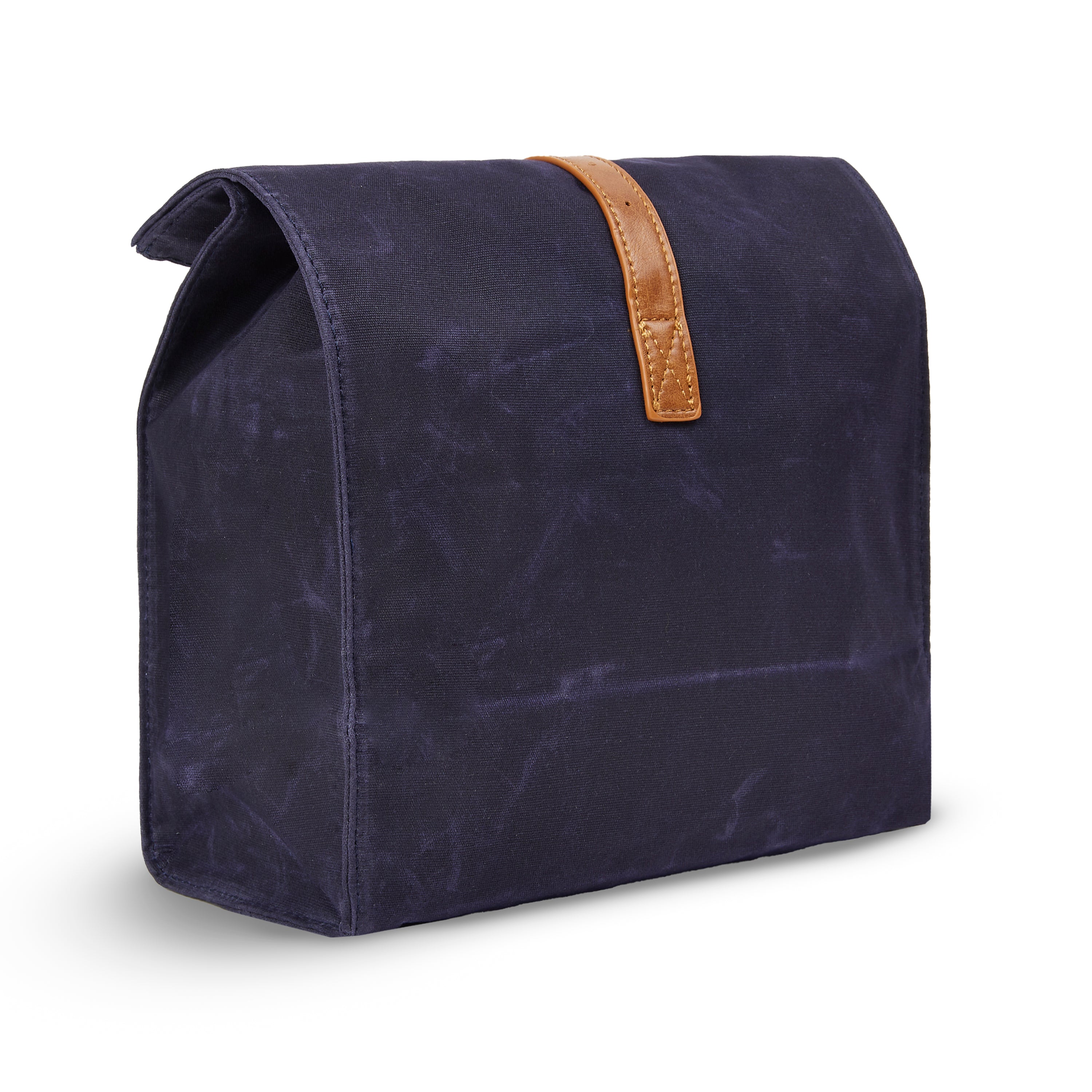 Top-down view of the navy waxed canvas thermal lunch bag