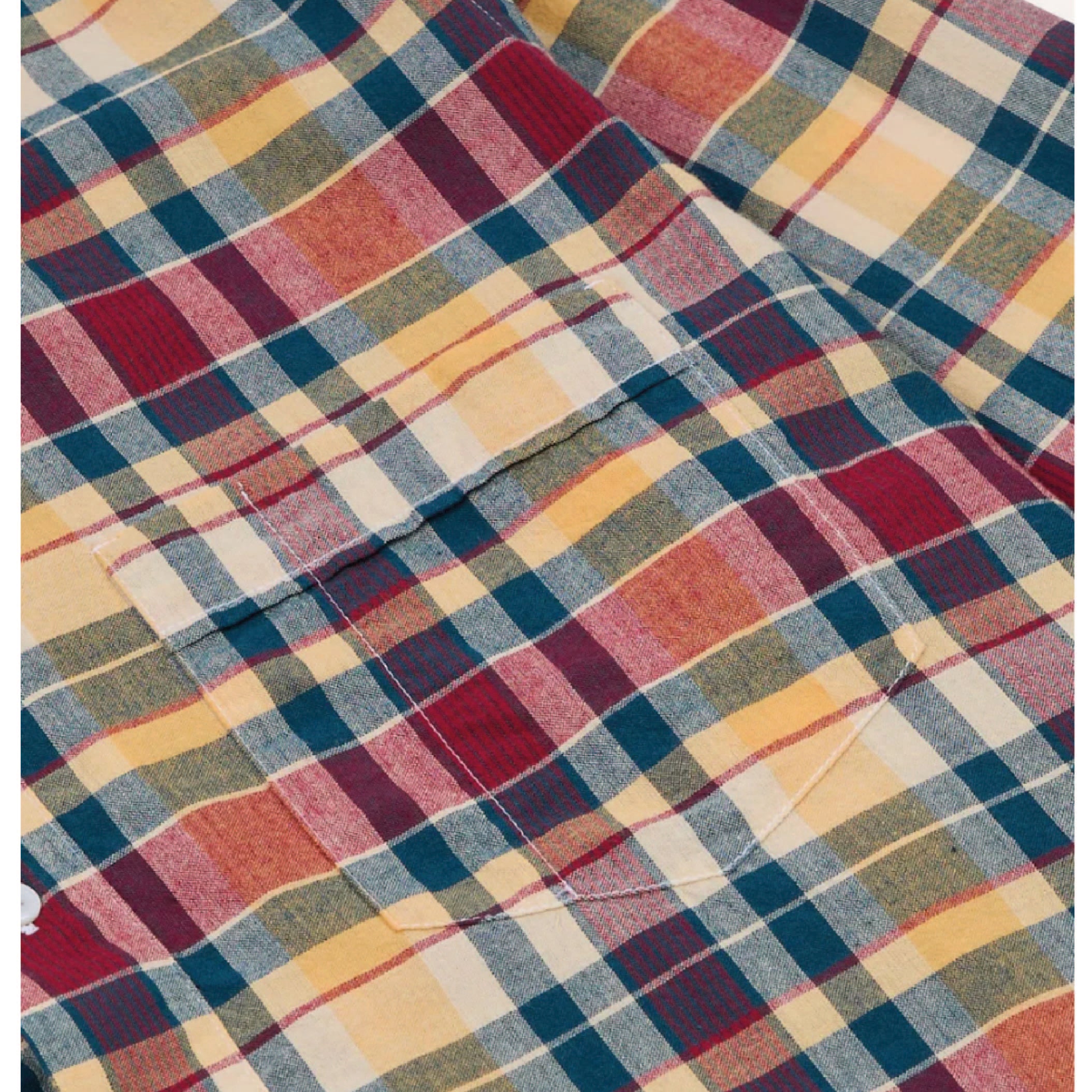 Madras Check Cotton Button-Down Popover Shirt - Navy, Yellow & Red