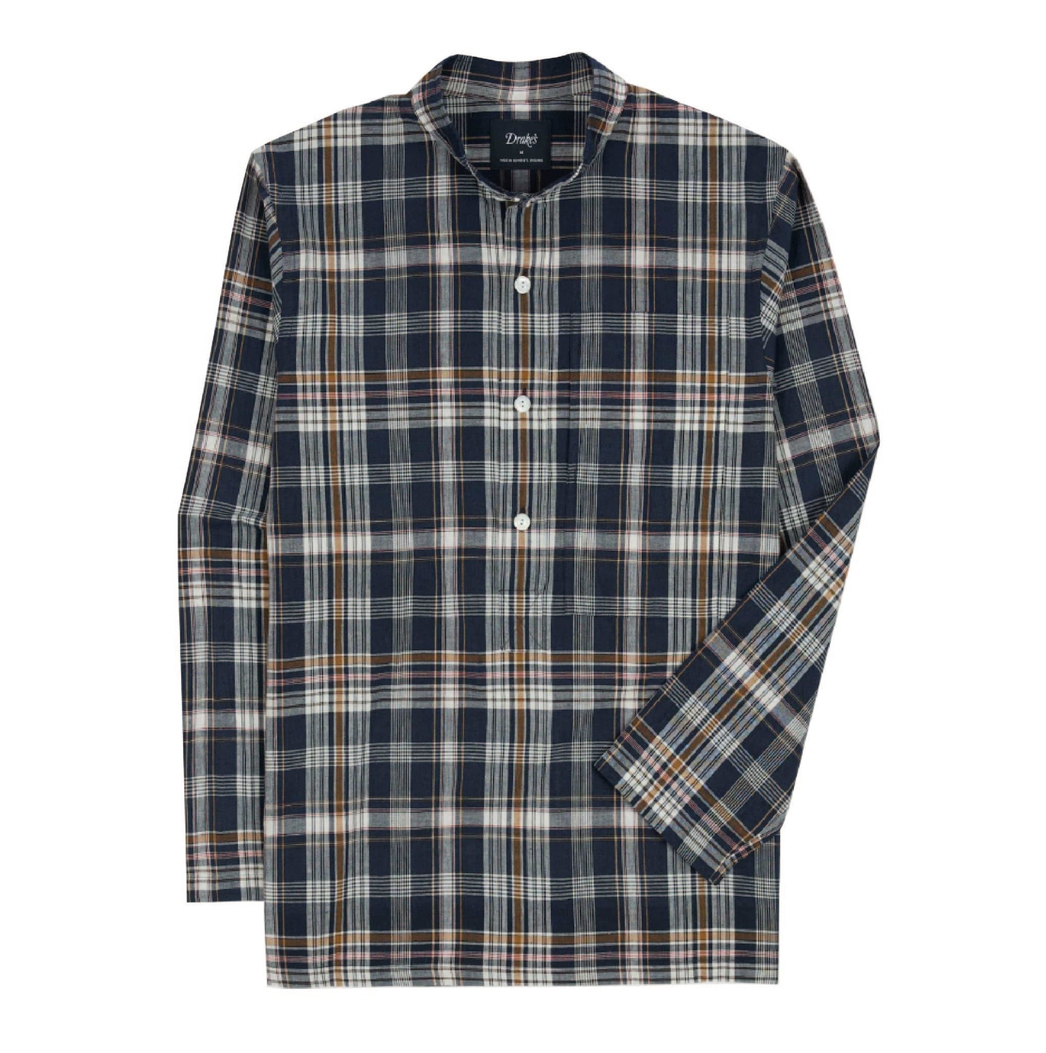 Drake's Madras Check Cotton Mandarin Collar Popover Shirt in Navy, White and Yellow — front view showing mandarin collar
