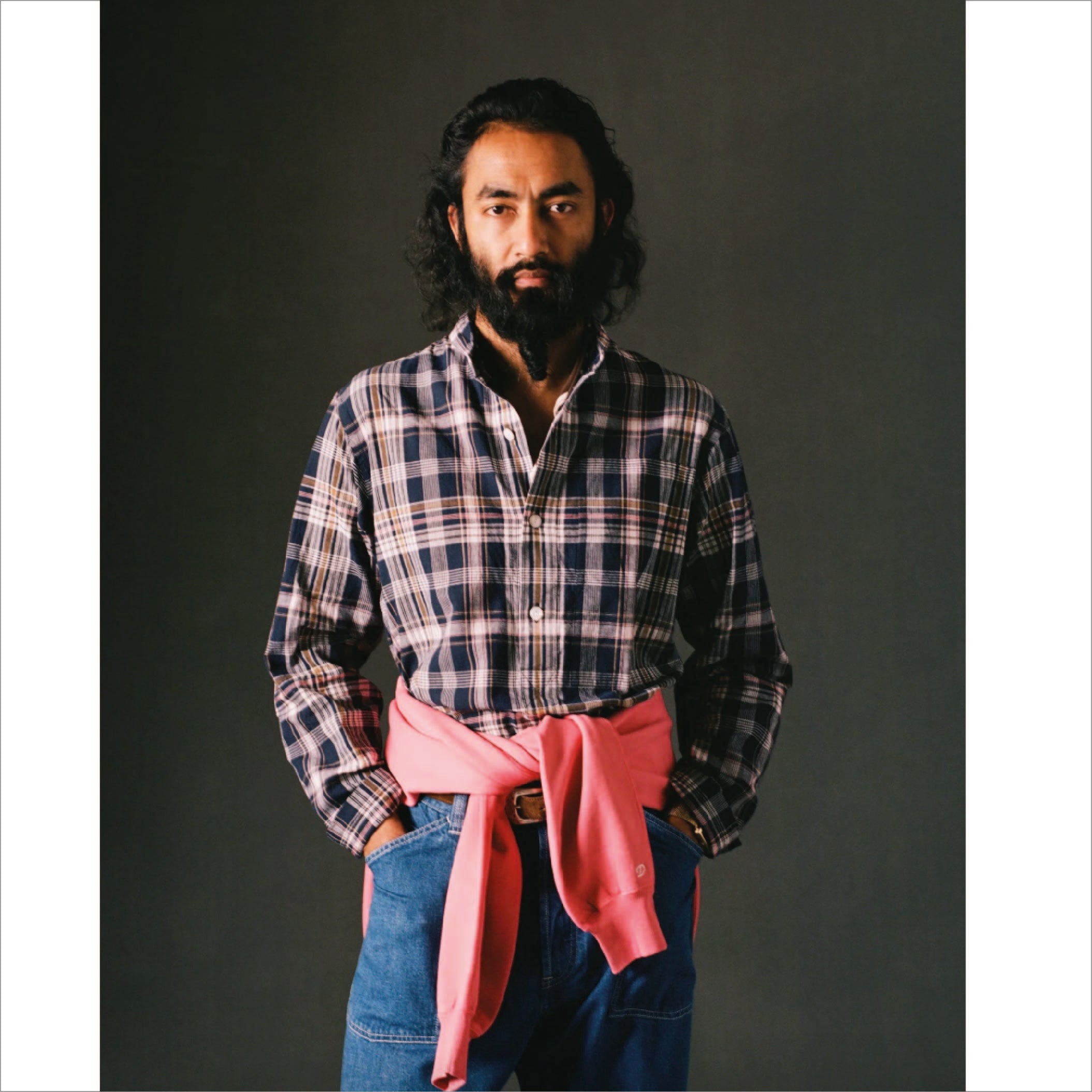 Madras Check Cotton Mandarin Collar Popover Shirt - Navy, White & Yellow