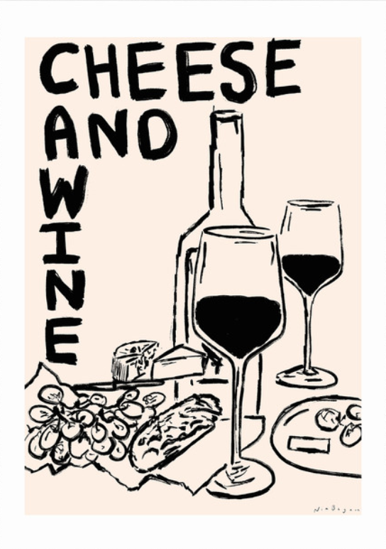 Cheese Wine print, featuring artistic representations of gourmet cheese and wine.