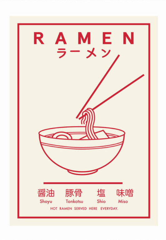 Ramen print with vibrant red and white tones on acid-free paper.