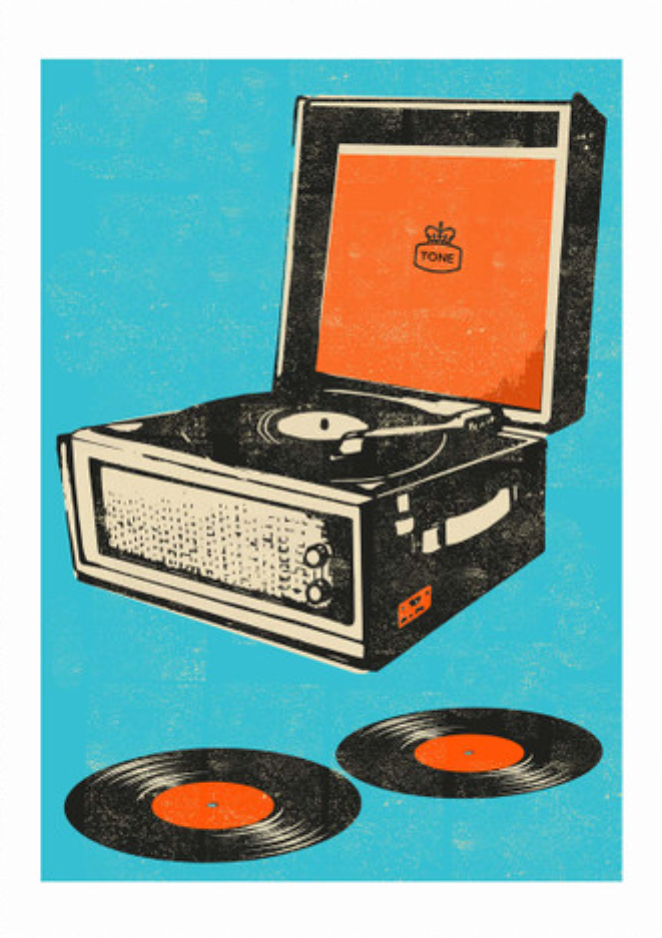 Record Player art print, crafted on paper, showcasing a vintage vinyl theme.