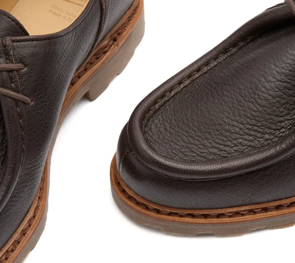 Detailed view of the natural rubber sole on Paraboot's Michael Marche Noix Cerf Marron.
