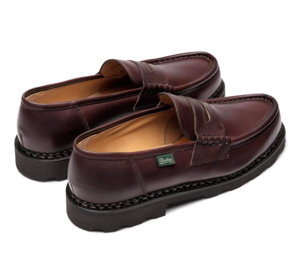 Close-up of Paraboot Reims Marron, showcasing smooth full-grain leather and stitching.