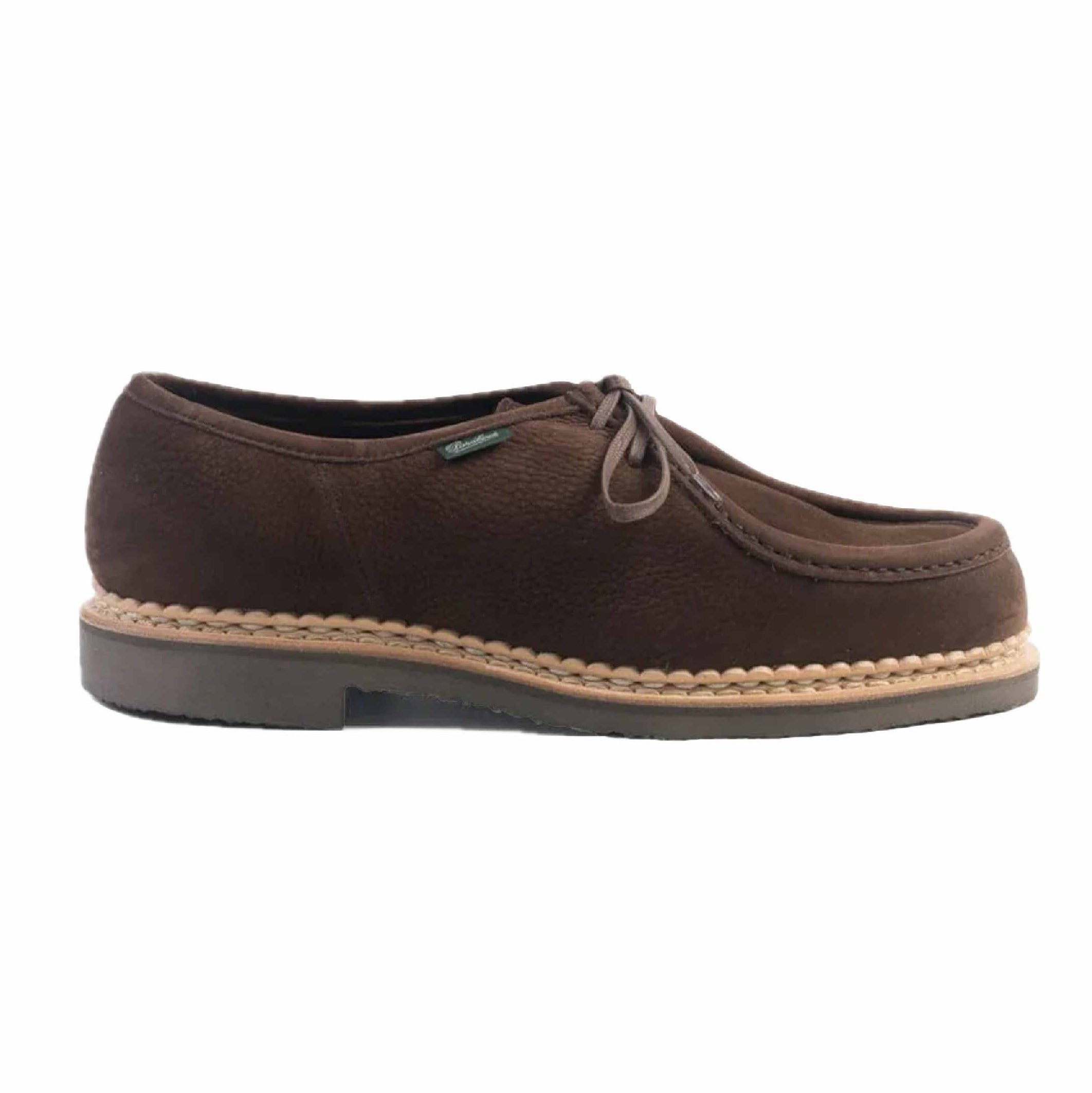 Paraboot Micka shoe in Taurillon Nubuck Chocolate material.