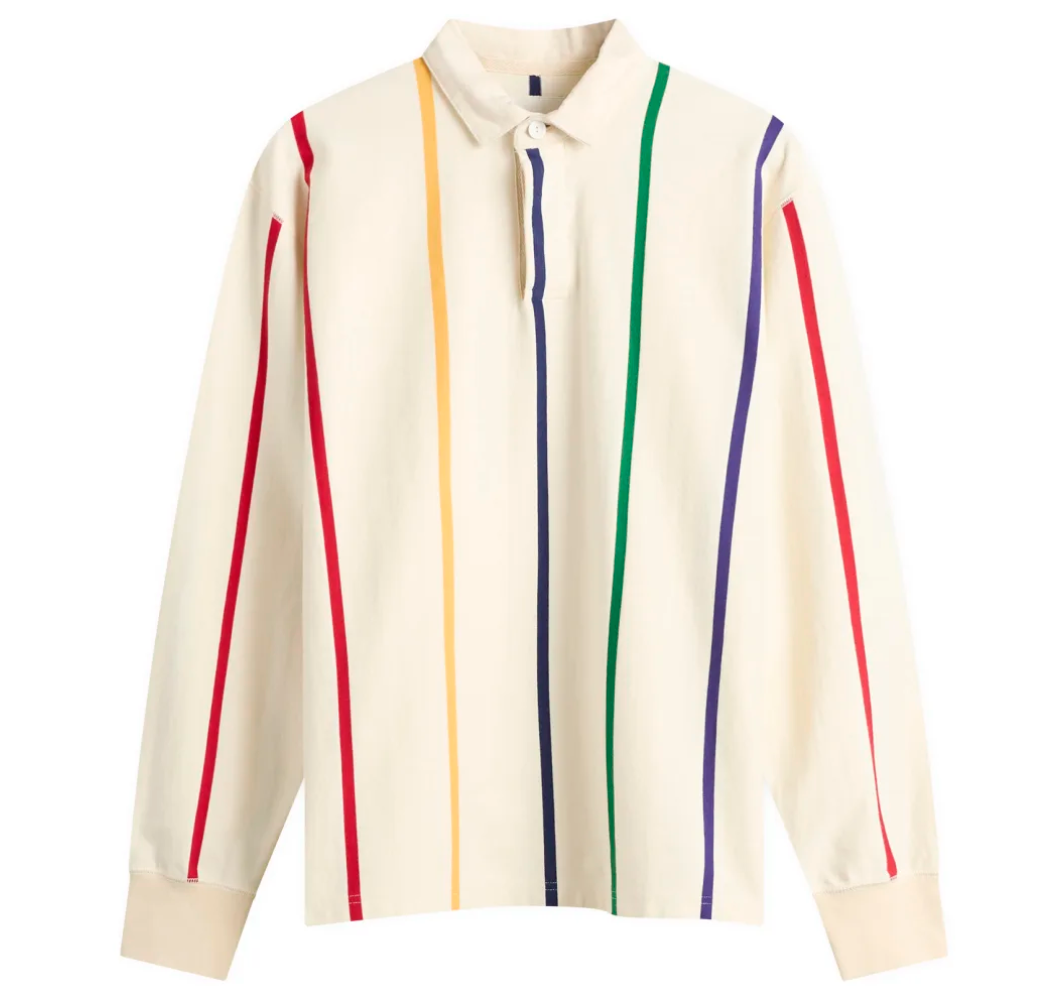 Drake's Primary Vertical Stripe Cotton Rugby Shirt in White Multicolour — front view showing vertical stripe pattern