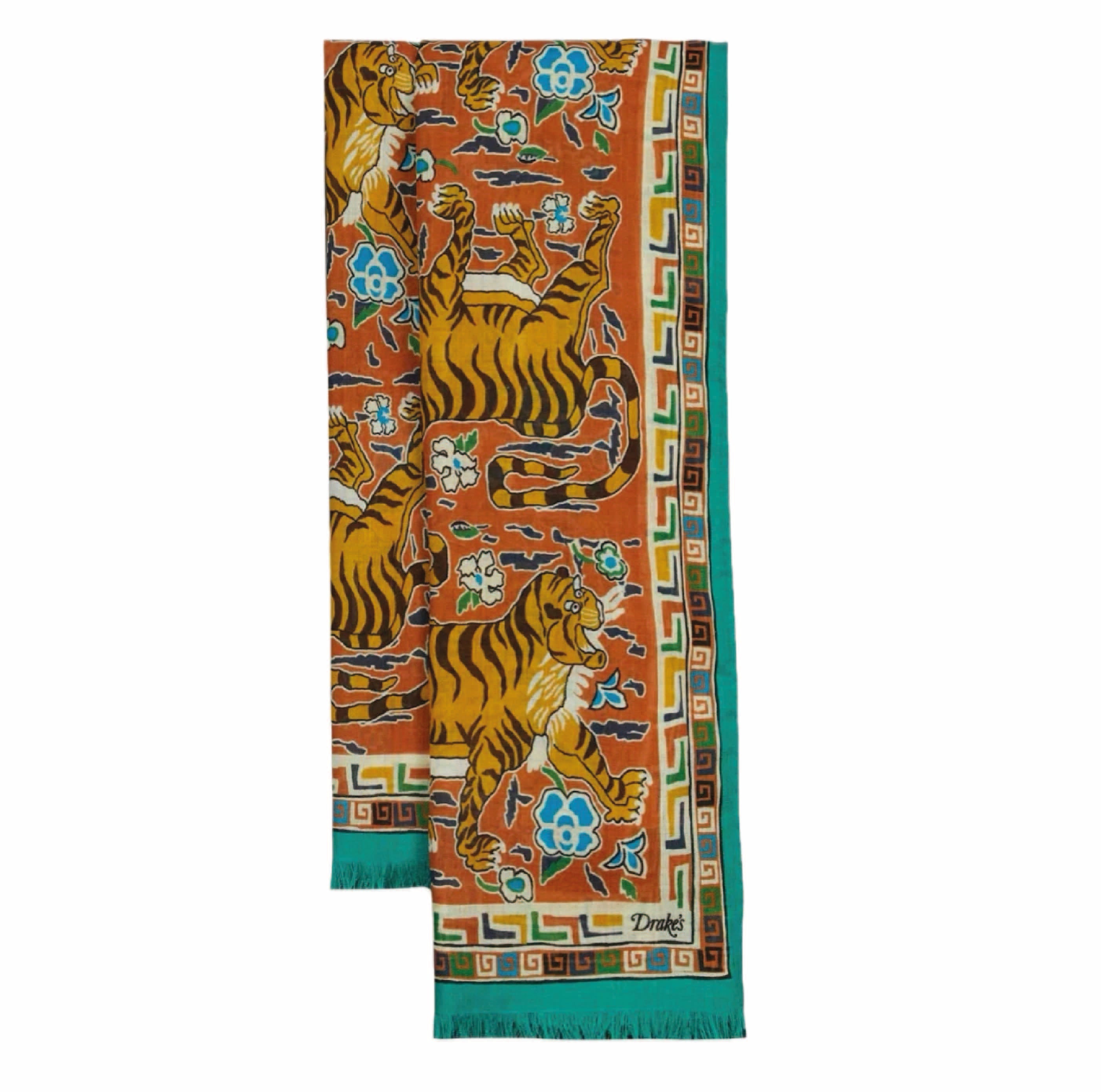 Orange Jumbo Tiger Print Wool-Silk Scarf