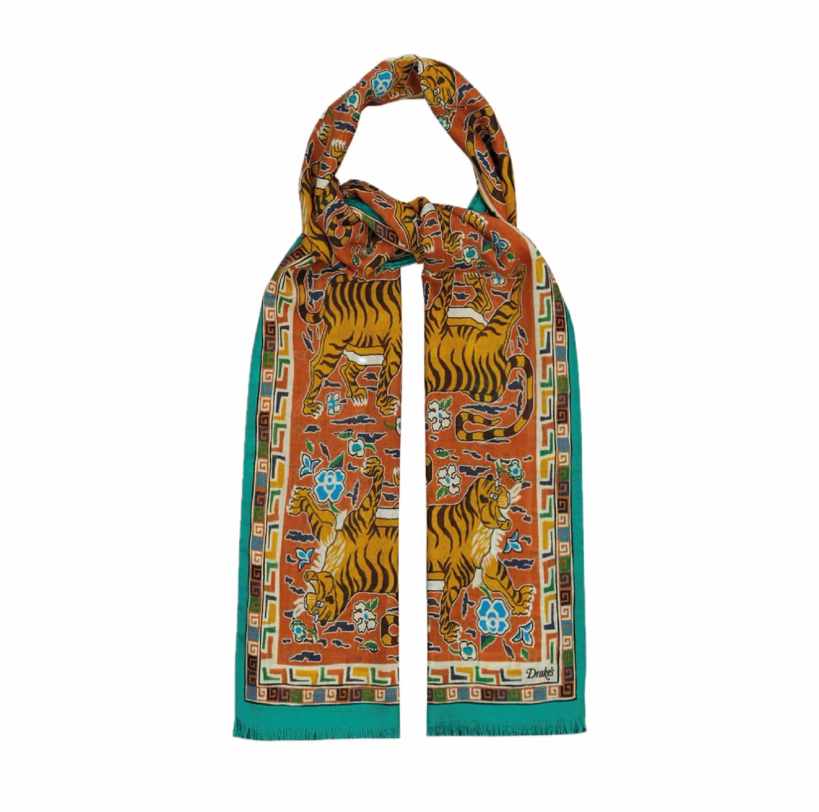 Orange Jumbo Tiger Print Wool-Silk Scarf