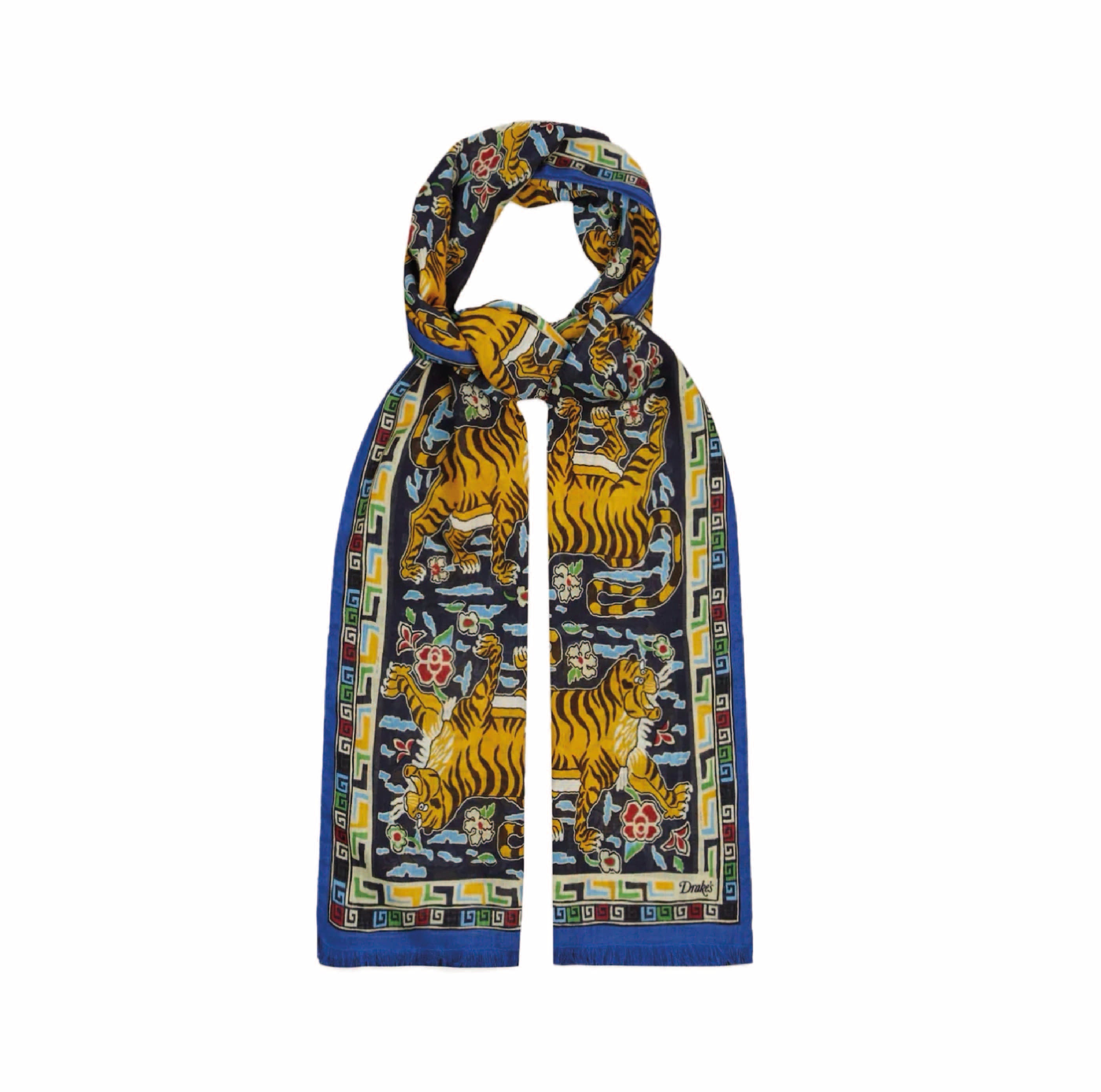 Blue Jumbo Tiger Print Wool-Silk Scarf