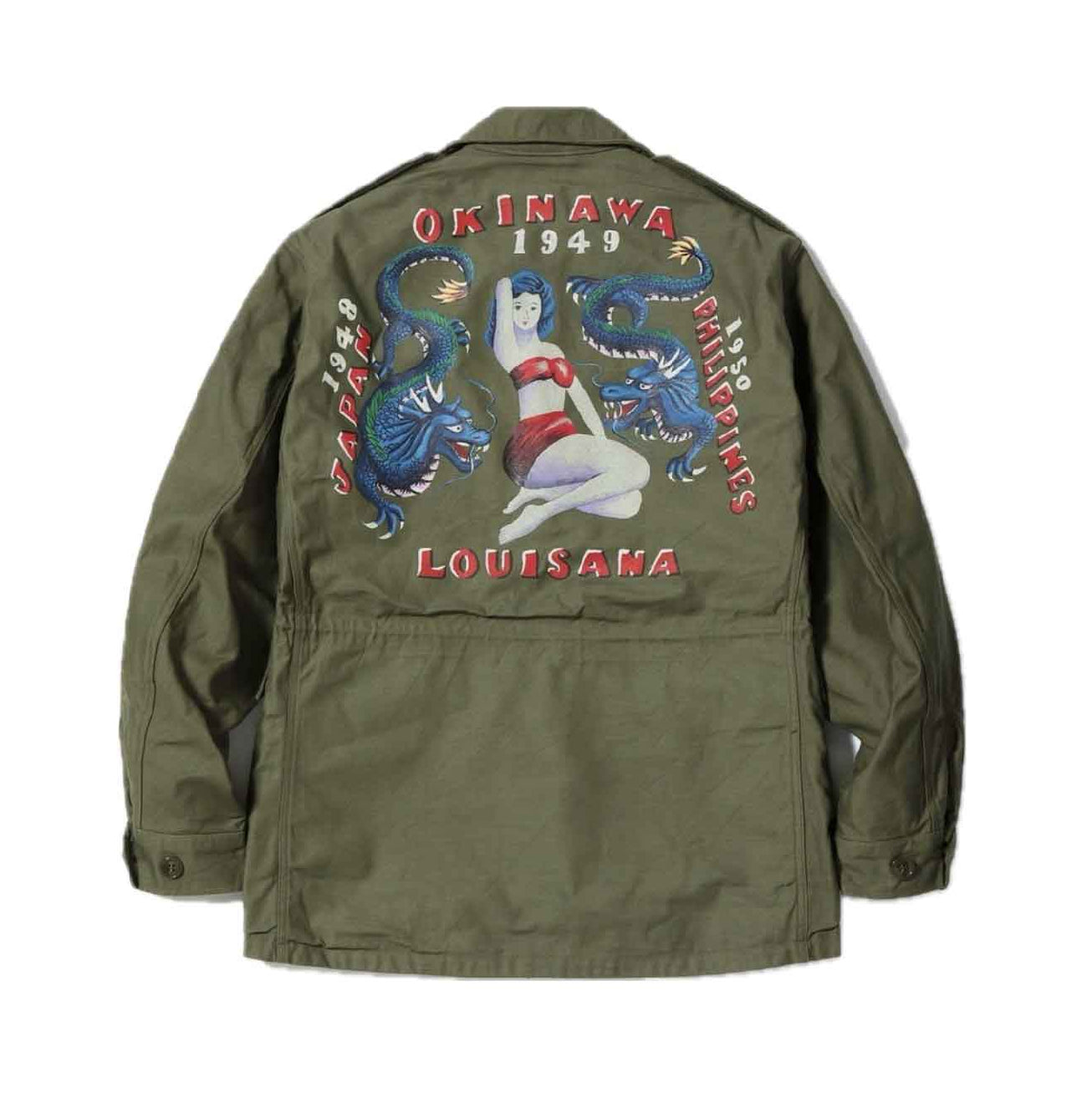 Side view of Jacket Field M-1943 by Buzz Rickson's, showcasing unique hand-painted art.