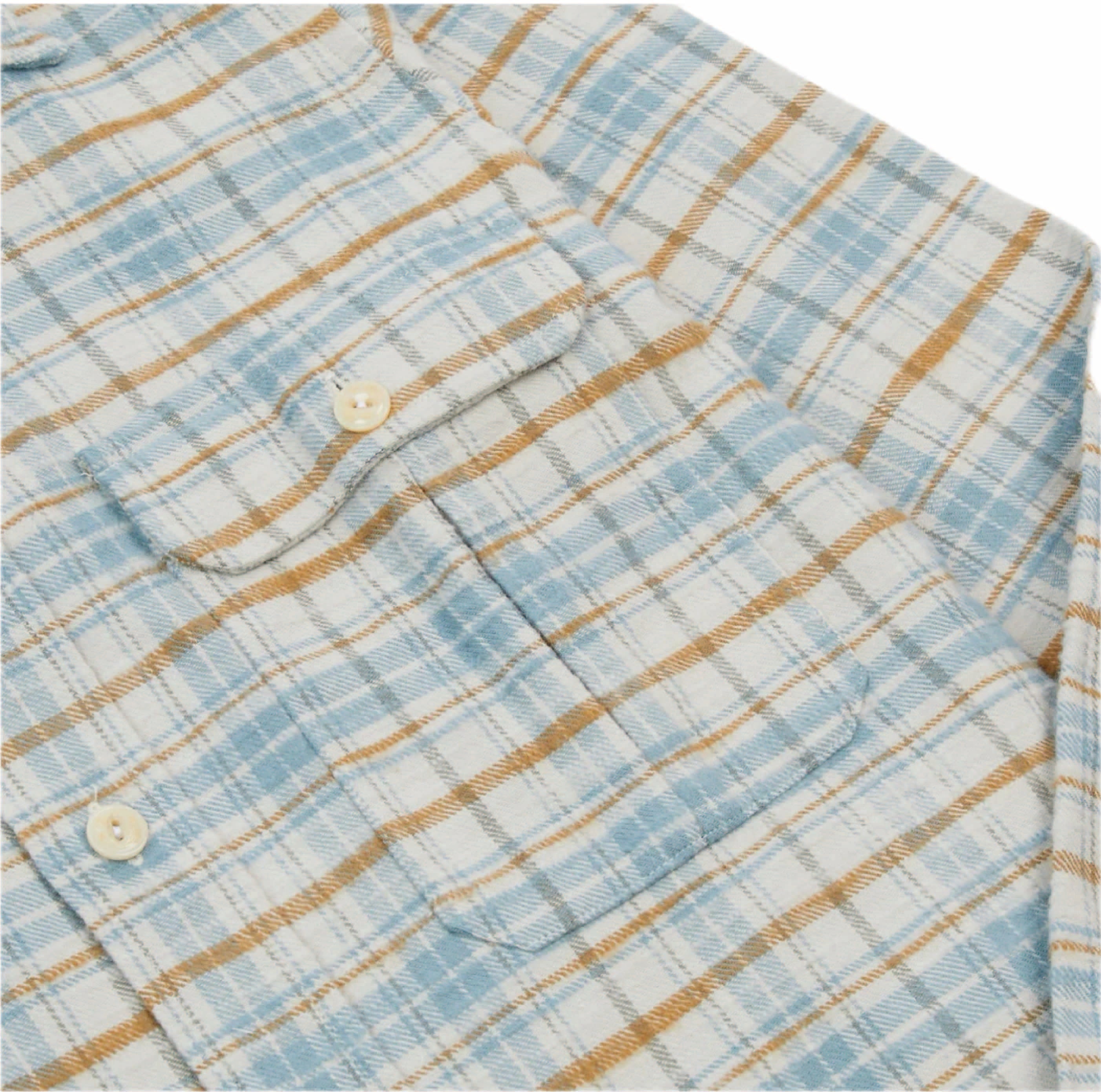 Ecru and Blue Check Cotton Two-Pocket Work Shirt