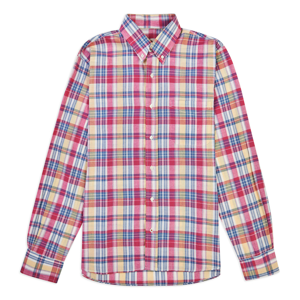 Blue Red and Ecru Indian Madras Button Down Shirt