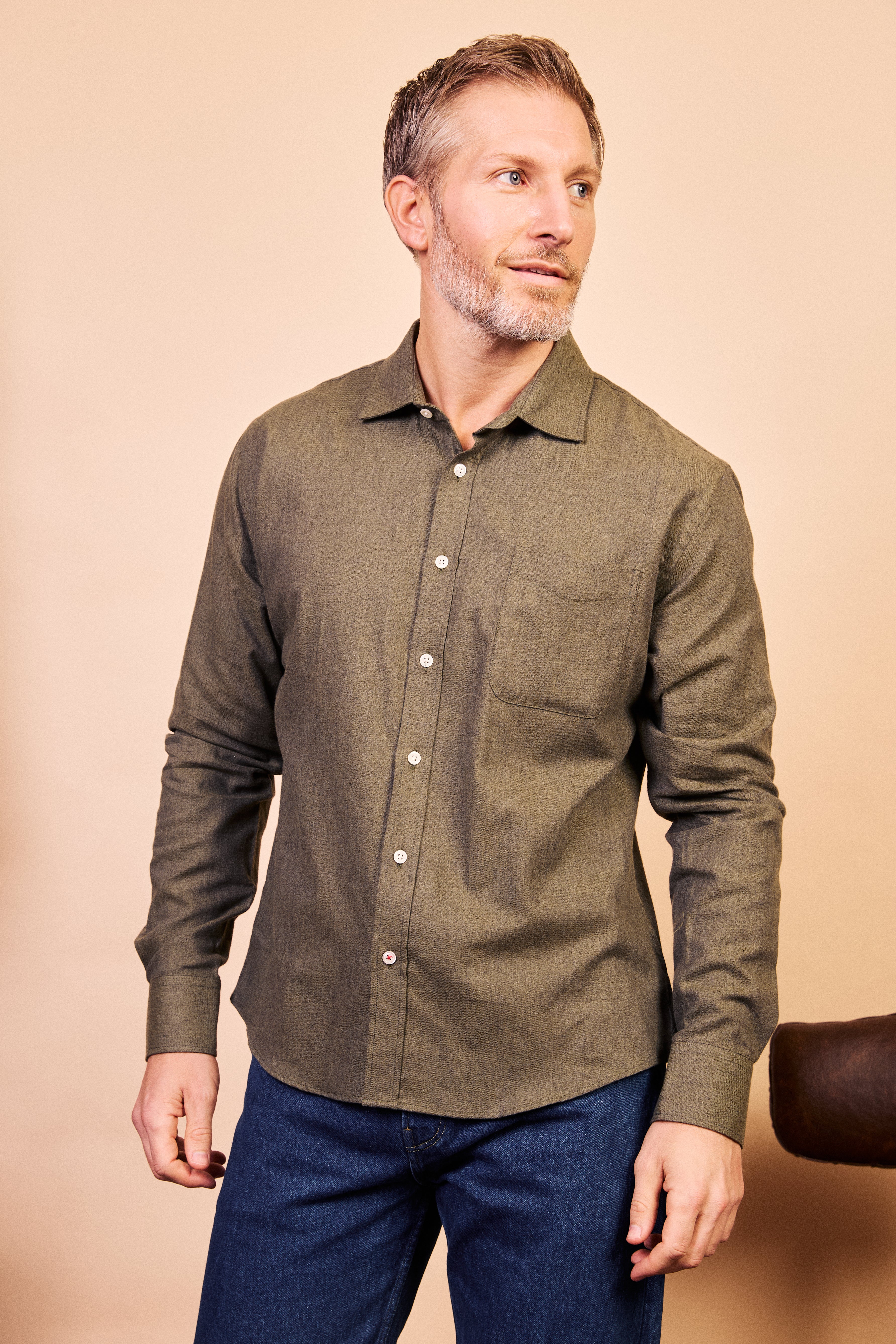 Classic Cotton Shirt - Green Herringbone