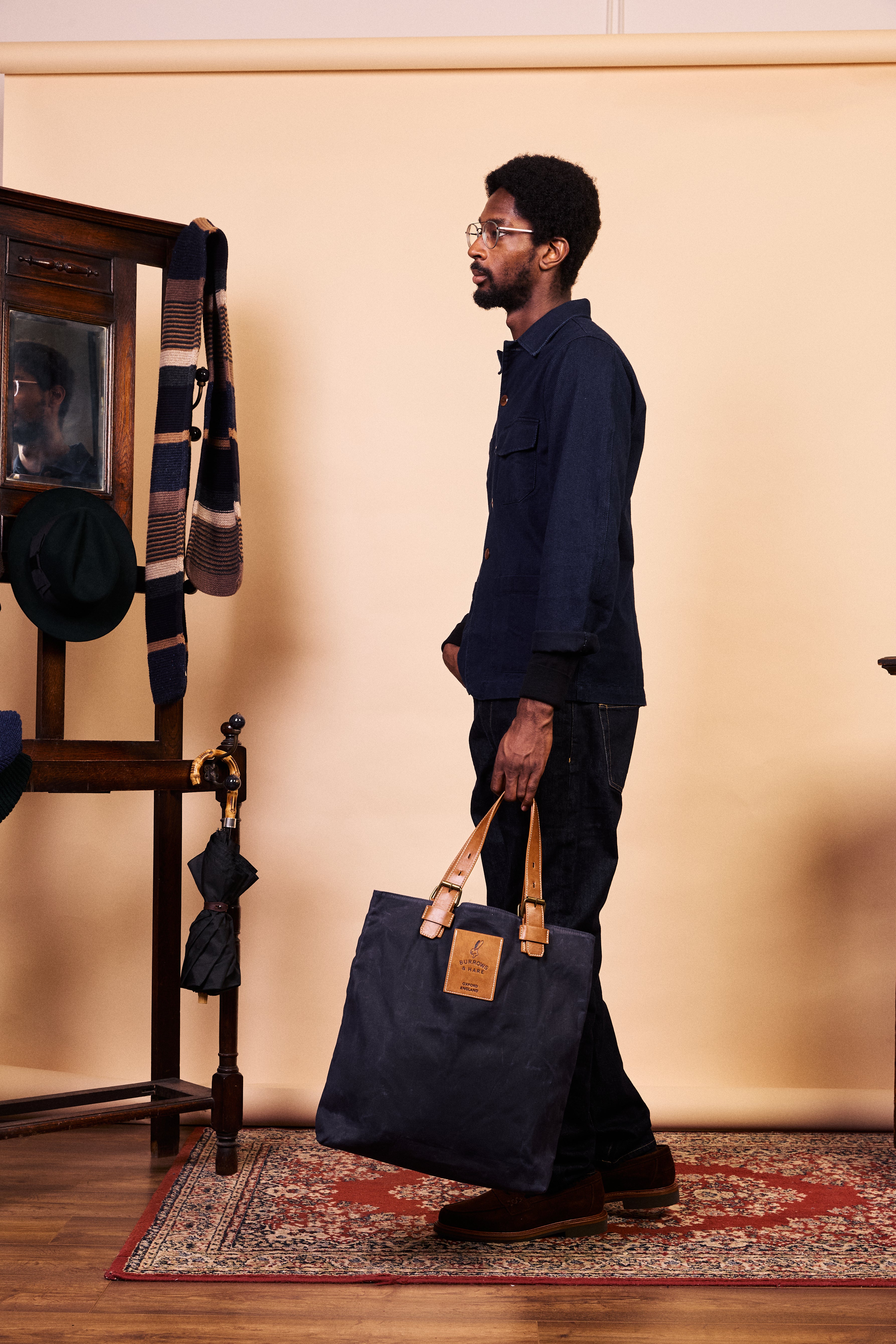 Waxed Cotton Canvas Tote Bag - Navy