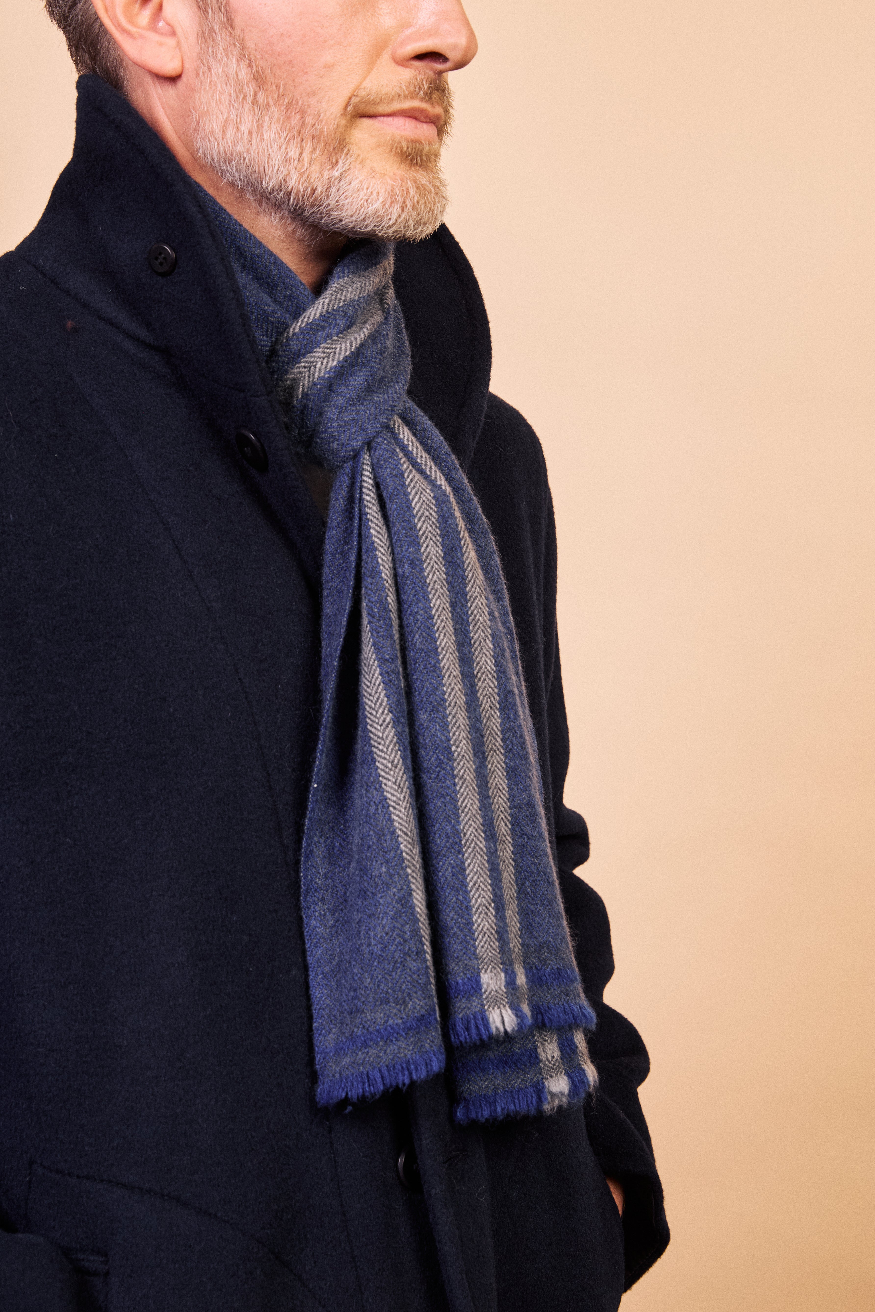 Cashmere & Merino Wool Scarf - Blue & Grey Stripe