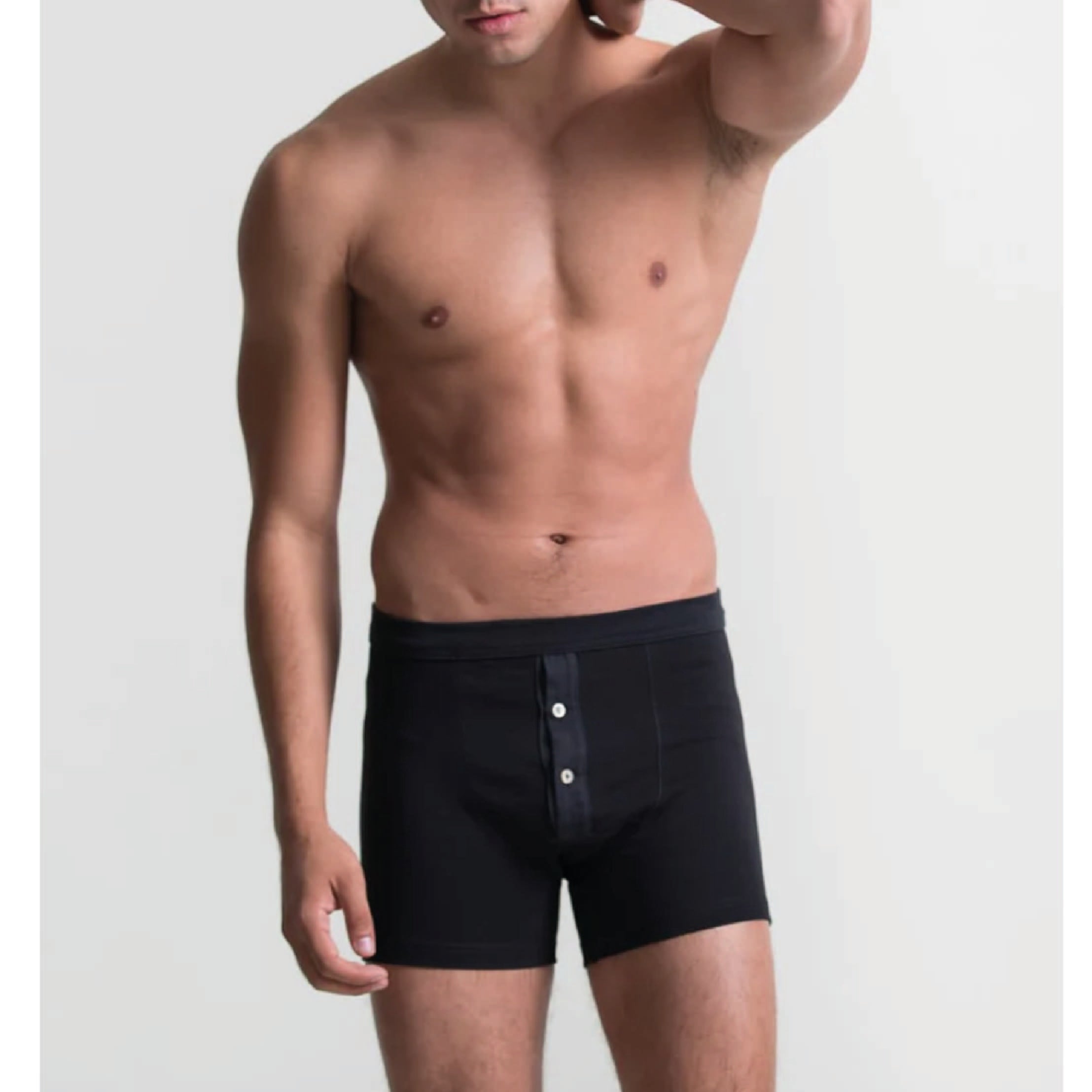 Merz b. Schwanen Loopwheeled Mid-Weight Button Fly Boxer in Deep Black – back view