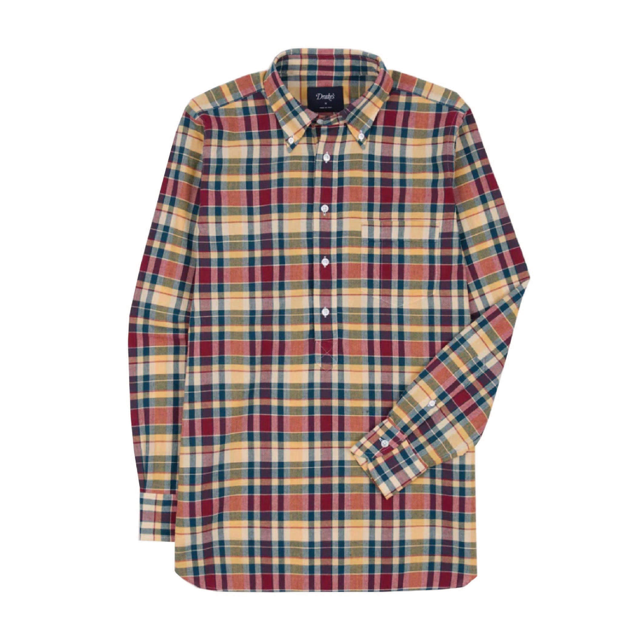 Madras Check Cotton Button-Down Popover Shirt - Navy, Yellow & Red