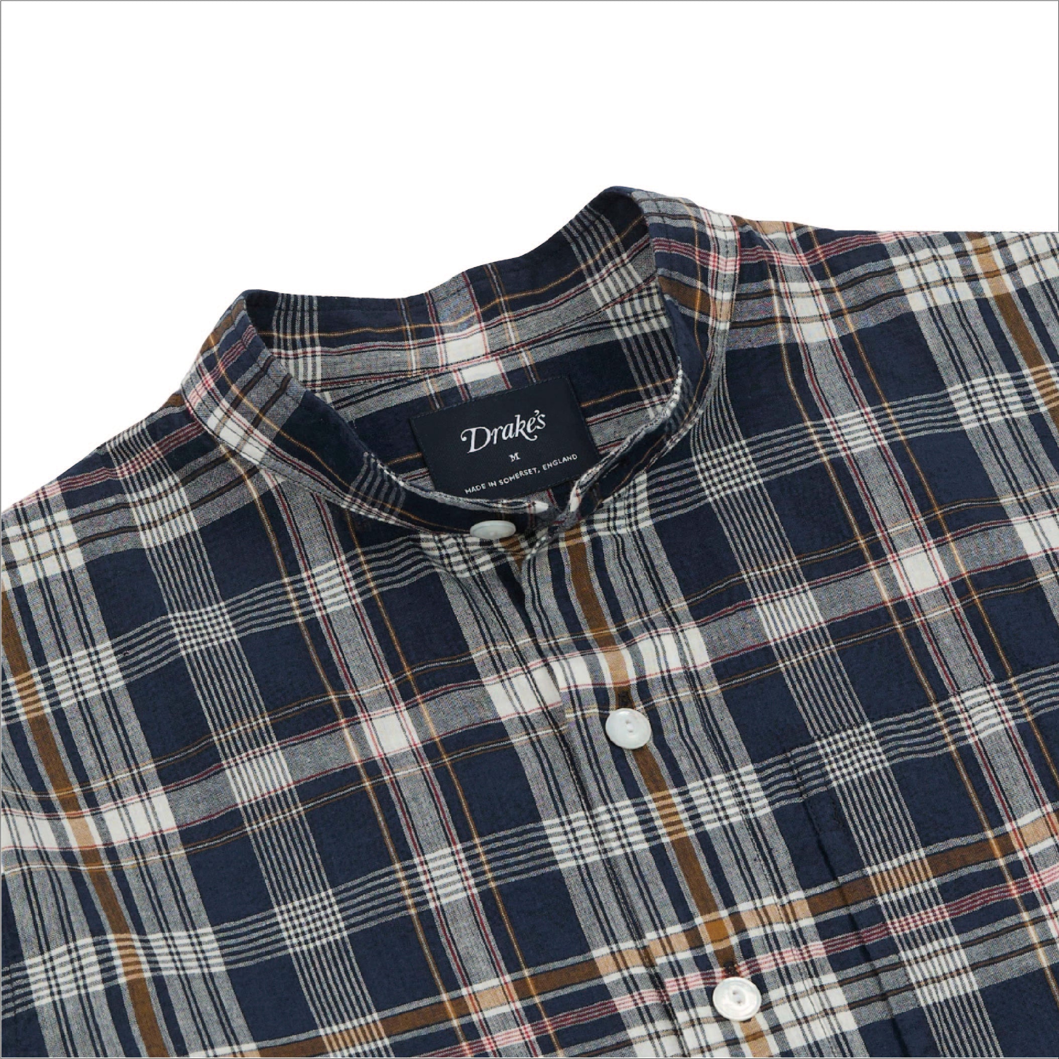 Madras Check Cotton Mandarin Collar Popover Shirt - Navy, White & Yellow
