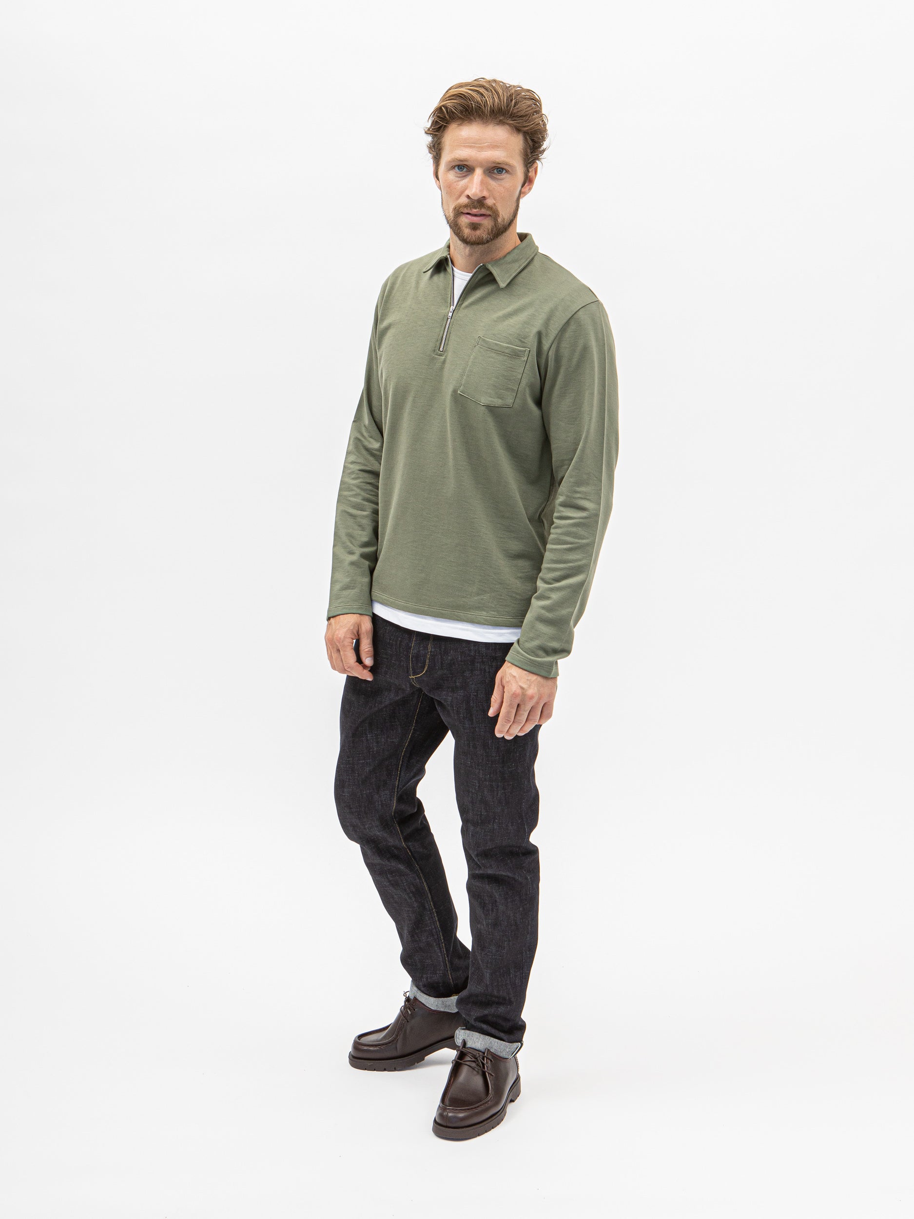 Burrows & Hare Quarter Zip Long Sleeve Polo - Khaki Green - Burrows and Hare