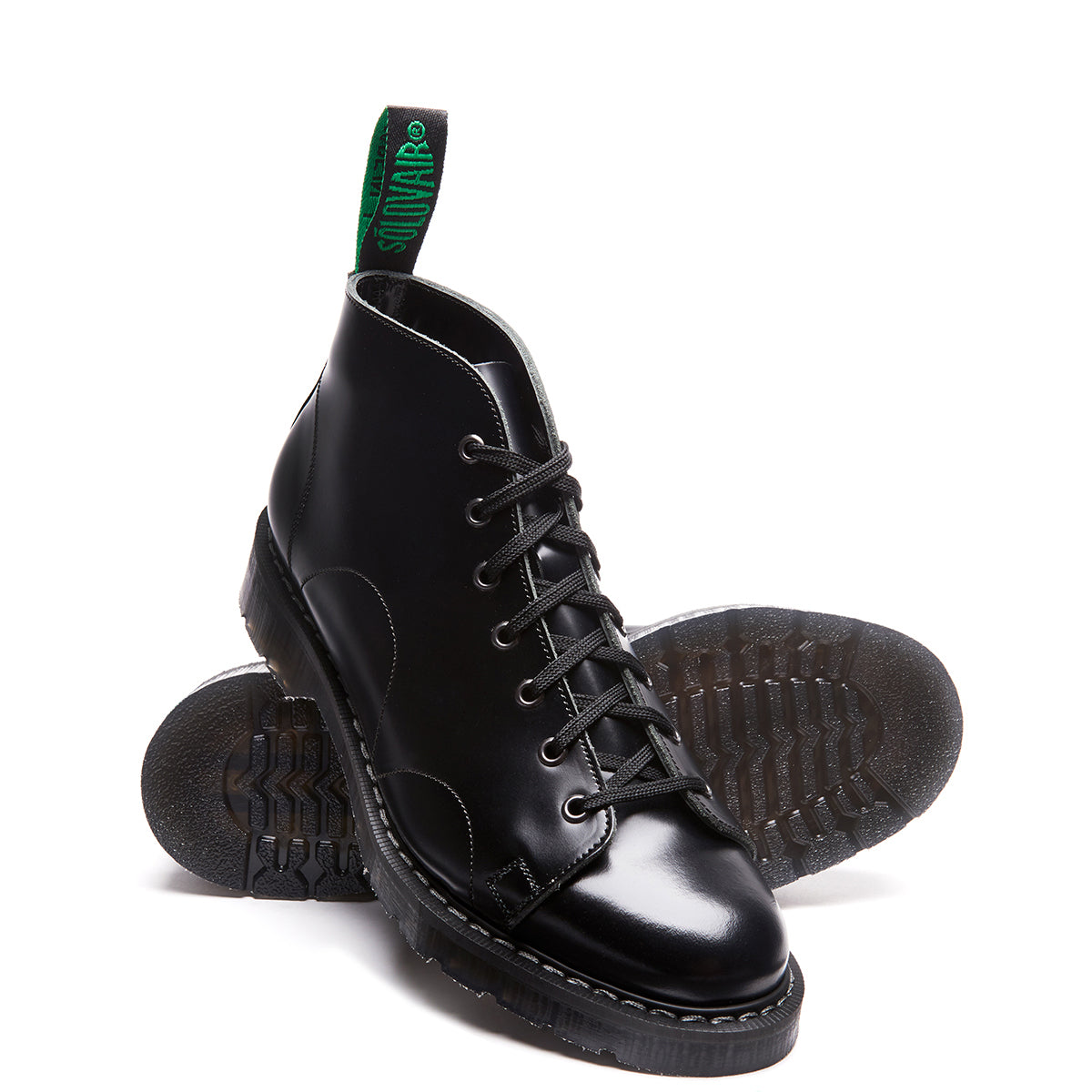 Solovair 7 Eye Monkey Boot - Black Hi Shine Solovair Original Sole Smoke - Burrows and Hare