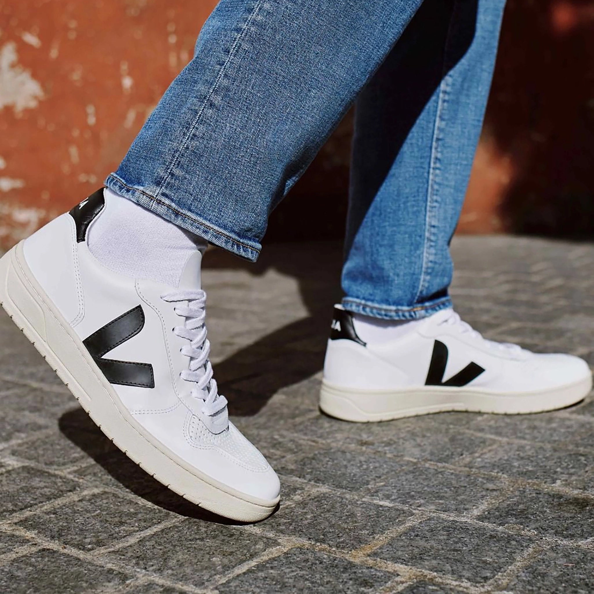 Veja V-10 Leather Trainer - Extra White / Black - Burrows and Hare